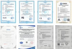 The Image Displays Various Compliance Certificates, Including ROHS, CE, FCC, And Other Regulatory Certifications For Quality And Safety Standards.