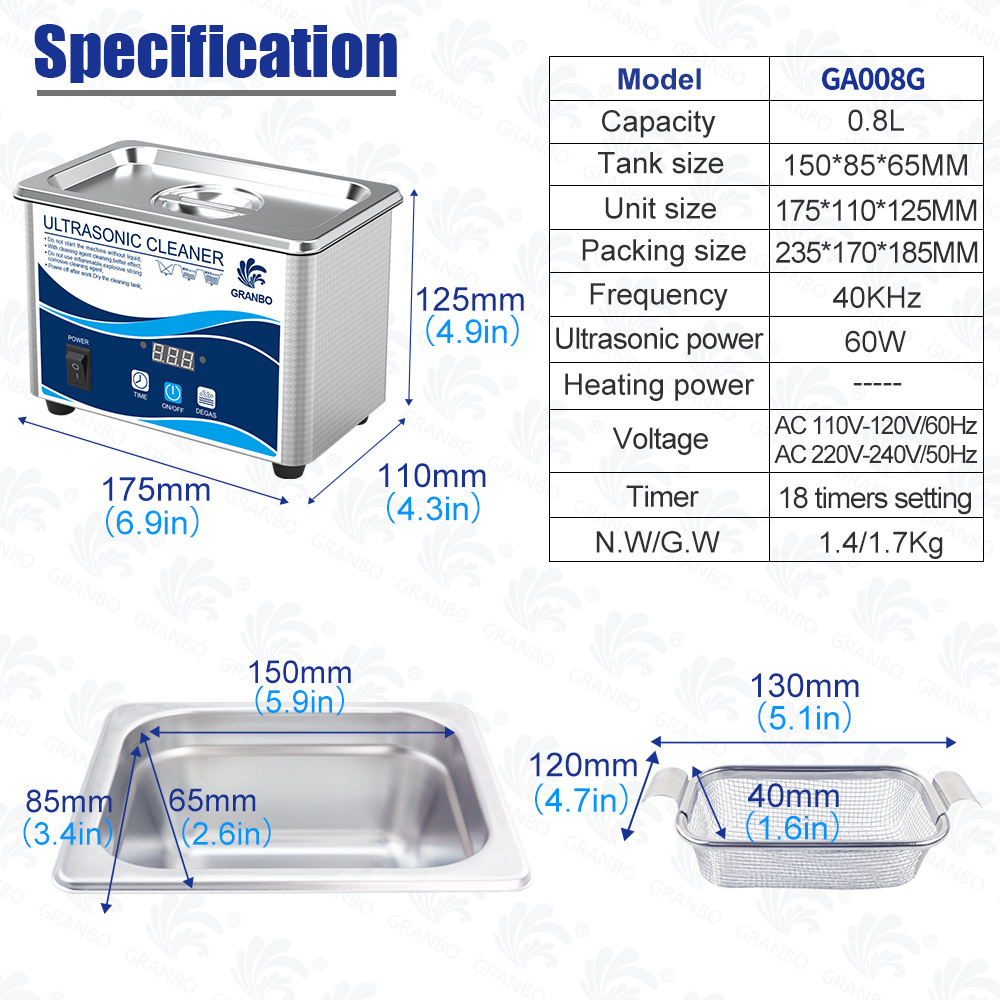 Structure and dimension diagram of the cleaning tank and basket of the Granbo GA008G ultrasonic cleaner